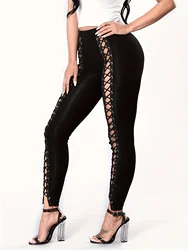 New women's patchwork nine-point pants front corns lacing leggings with straps wearing small legs sexy tight black leggings