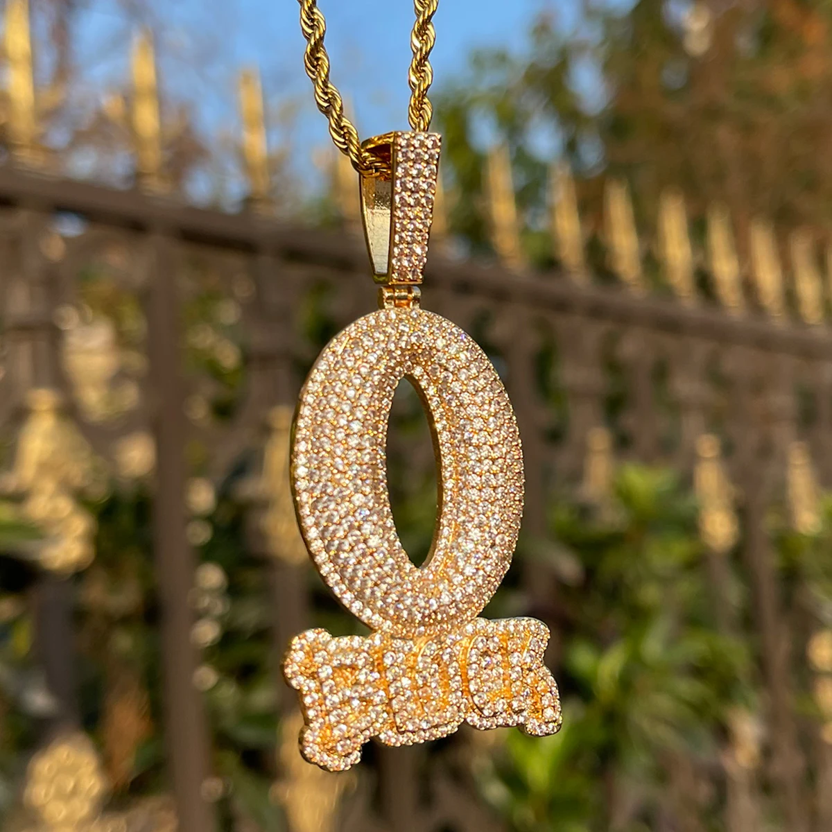 Bubble Letter Iced Out O Block Pendant Real Gold Plated Cubic Zirconia Micro Pave Hip Hop Jewelry