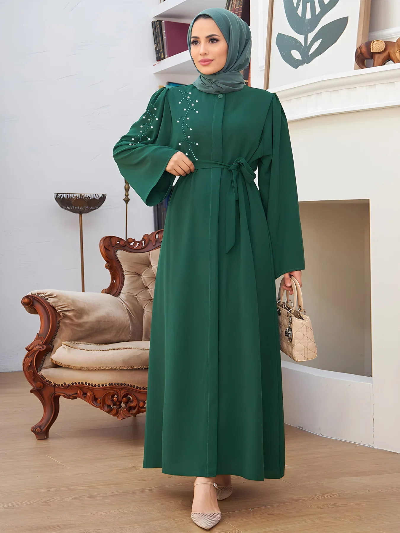 วินเทจแขนยาวมุสลิมดูไบตุรกี Abaya Hijab ผู้หญิง Maxi ยาวชุดลําลองปุ่ม Eid Mubarek Ramadan Sundress