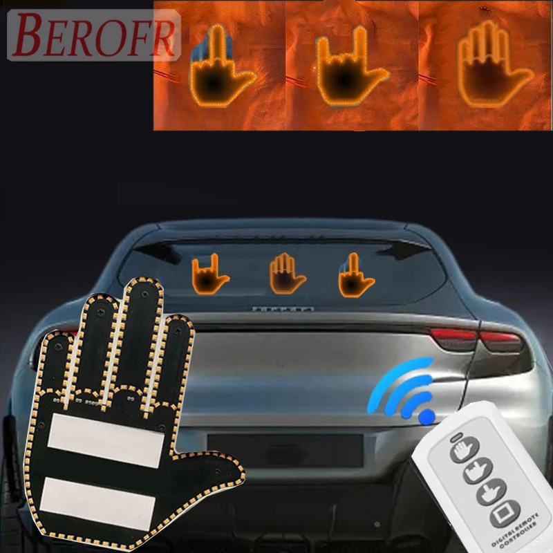 New Fun Universal Car LED Finger Light with Remote Car Rear Window Sign Amber Middle Finger Warning Brake Light Road Rage Sign