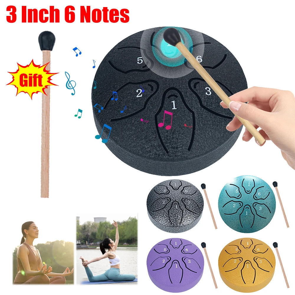 3 Inches 6 Notes Steel Tongue Drum Mini Rain Drum with Drumsticks Hollow Ethereal Drum Unique Instrument for Yoga Meditation