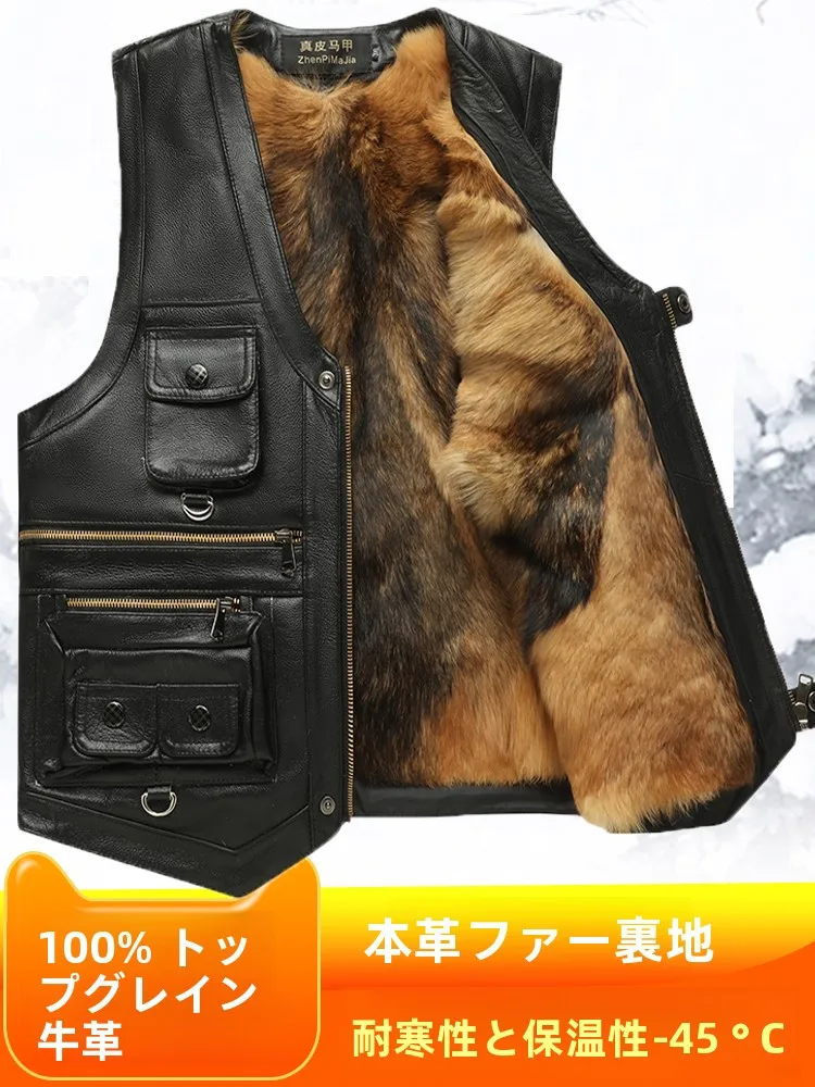本革ベスト メンズ 中年秋冬 トップレイヤー 牛革 マルチポケット