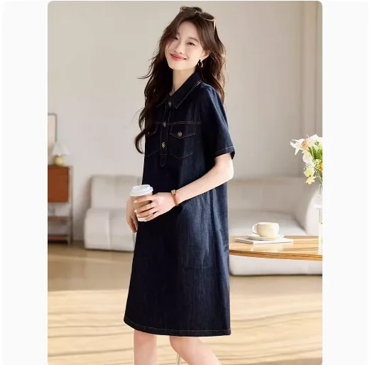 plus Size Women's Denim Dress Summer Loose Belly Covering High Waist A-Line Short Skirt Fashionable Casual Maternity Dress