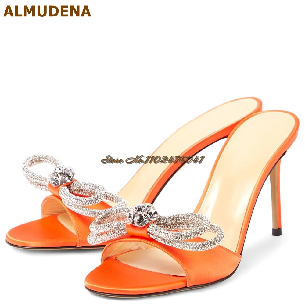 

ALMUDENA Orange Light Blue Satin Round Toe Modern Slippers Bling Bling Crystal Butterfly-Knot Wedding Shoes Thin Heels Pumps