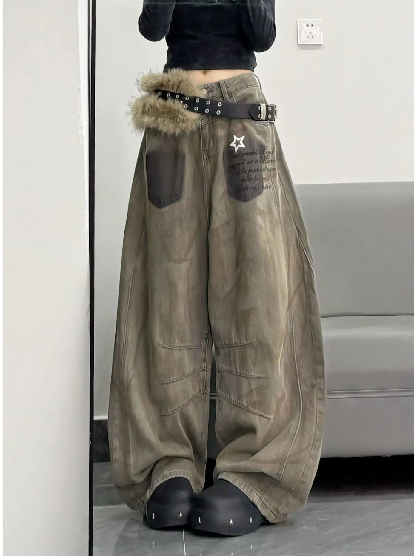 

Женские джинсы с высокой талией и широкими штанинами, осенняя новинка 2025, свободный крой, в стиле хип-хоп, зауженные, с отворотами, длина до щиколотки