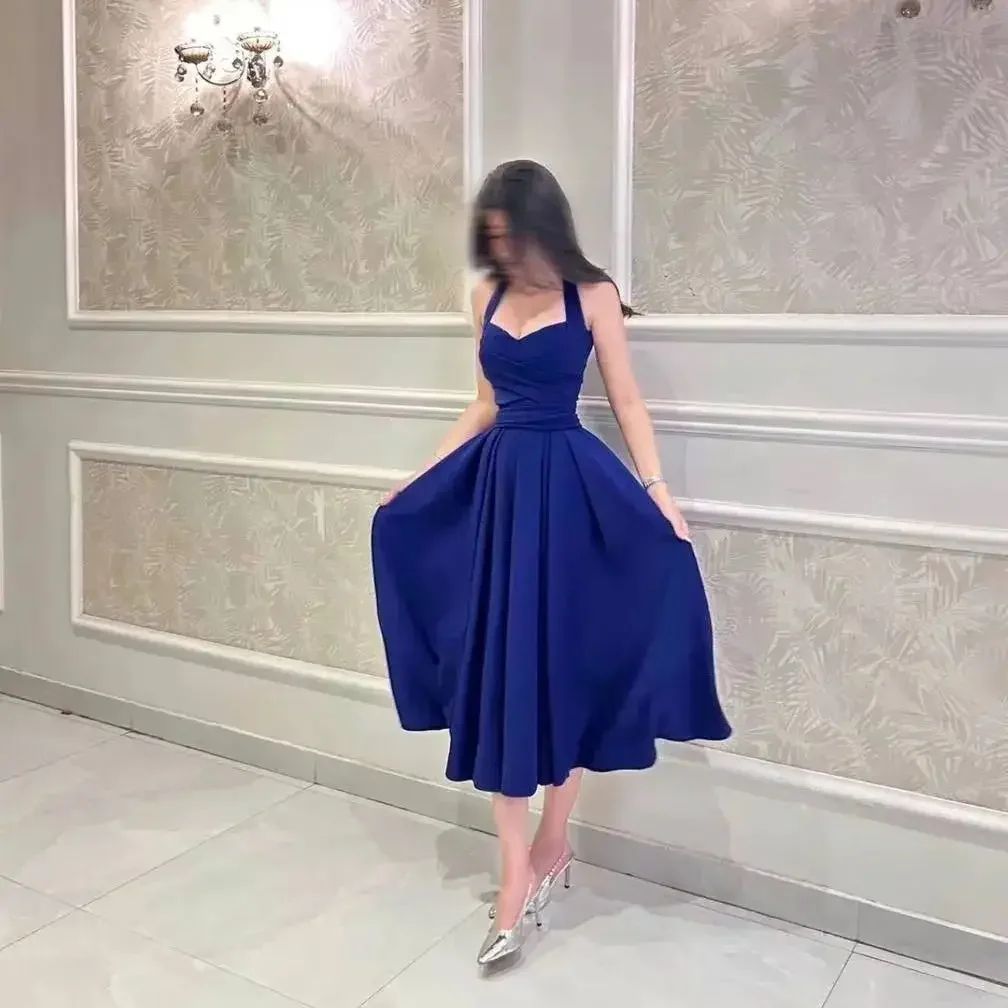 

Dora Sexy Blue Prom Dress Women Halter Neck A-Line Party Evening Gown Tea Length Simple Formal Occasion Dresses 2024 New