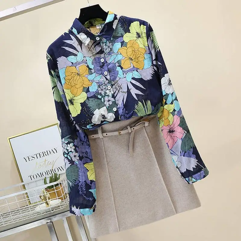 Cotton Linen Colourful Floral Pattern Asymmetry Printing Single Breasted Thin Vintage Shirt Popular Chic Long Sleeve Female Slim