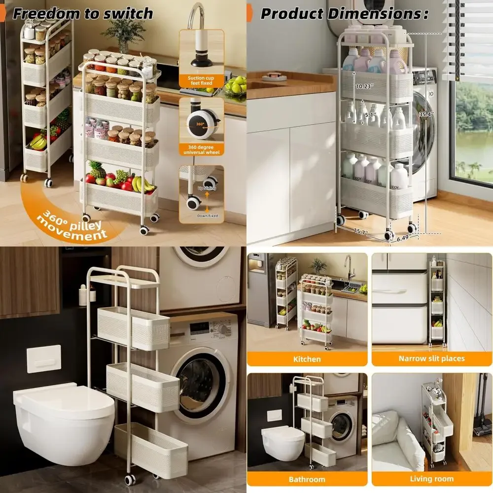 

4-Tier Rolling Storage Cart with Pull-Out Metal Basket for Kitchen, Bathroom, and Laundry (White)