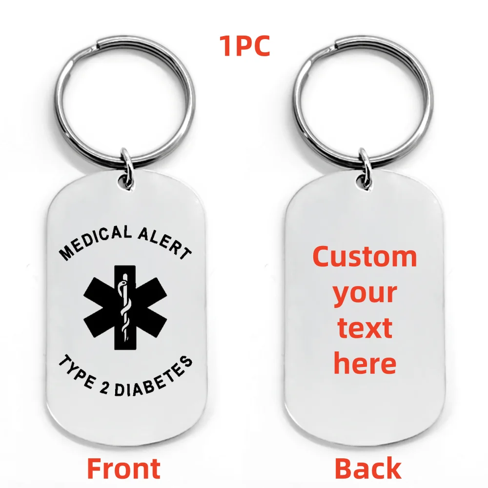 여성을위한 개인화 된 의료 경고 키 체인 남성 스테인레스 스틸 의료 ID 유형 2 당뇨병 맞춤 이름 열쇠 고리 환자 선물