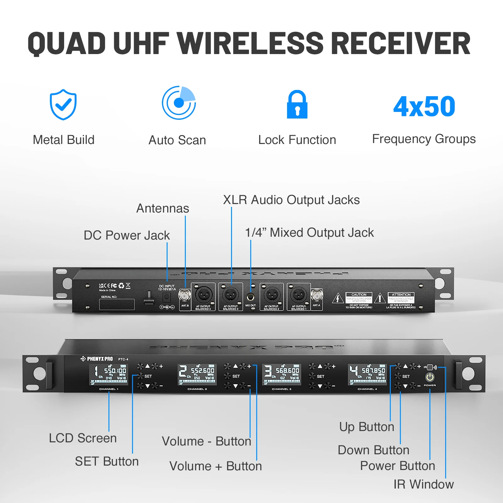 Беспроводная конференц-микрофонная система Phenyx Pro PTC-4, частоты 4x50 UHF, автоматическое сканирование, 4 микрофона на гибкой стойке