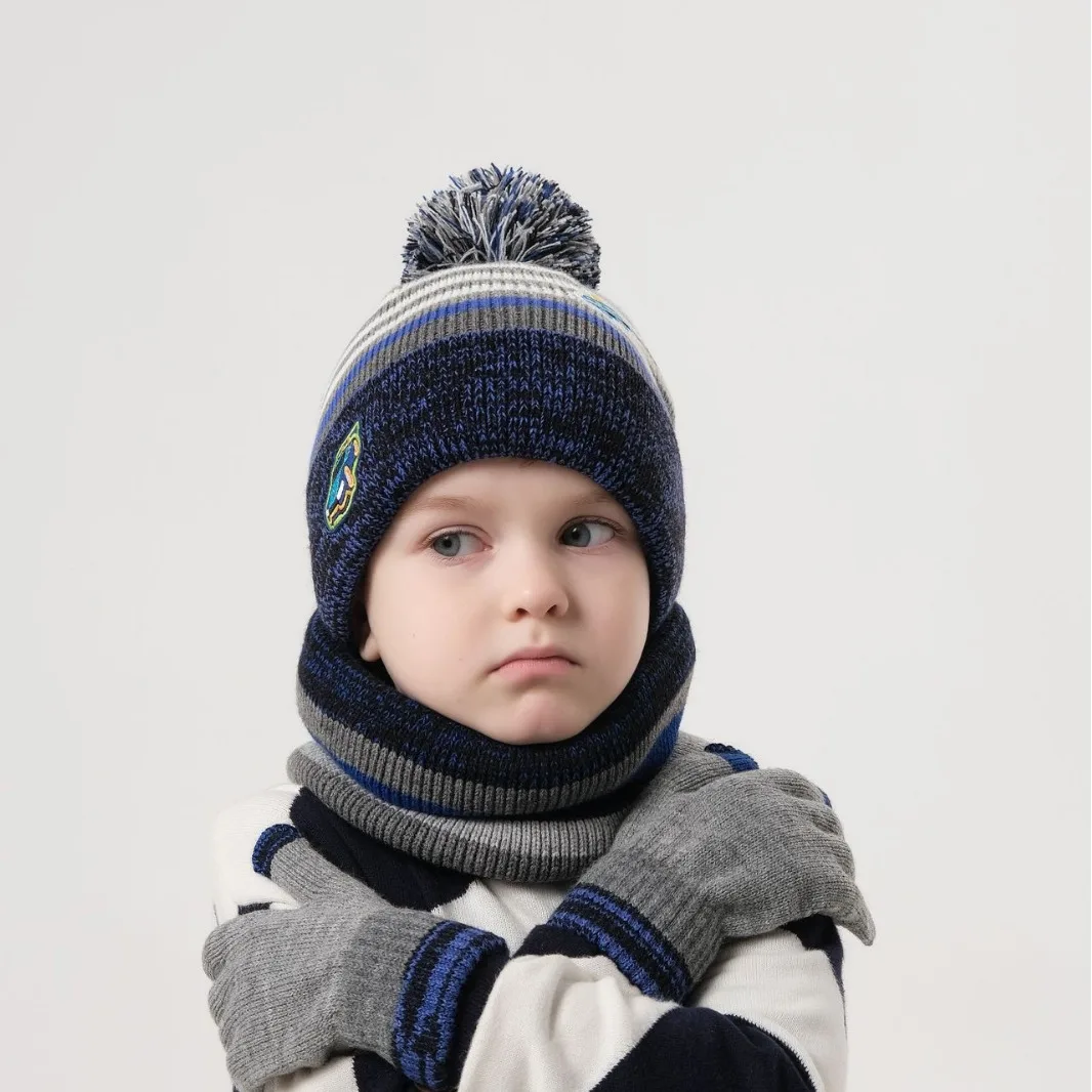 3-6Years Old Boys Girls Knit Beanie Hat Glove Scarf 3PCS set for Winter Warm Caps Snow Skiing Outdoor Snood Mitten