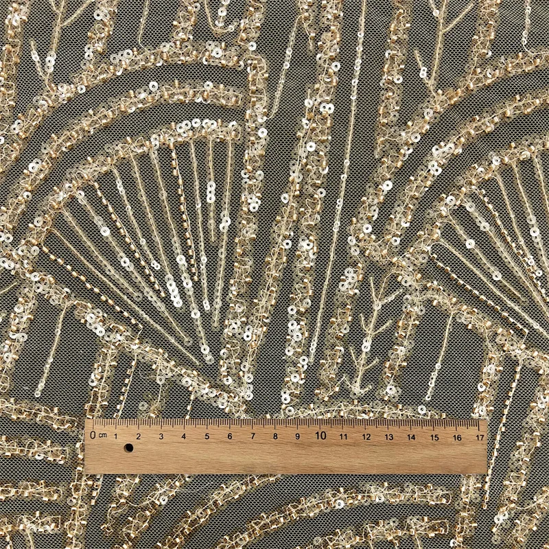 Fan‑Shaped Geometric Beaded Sequin Embroidery Mesh Lace Fabric for Bridal Gown Evening Party Dress Stage Performance Costume DIY
