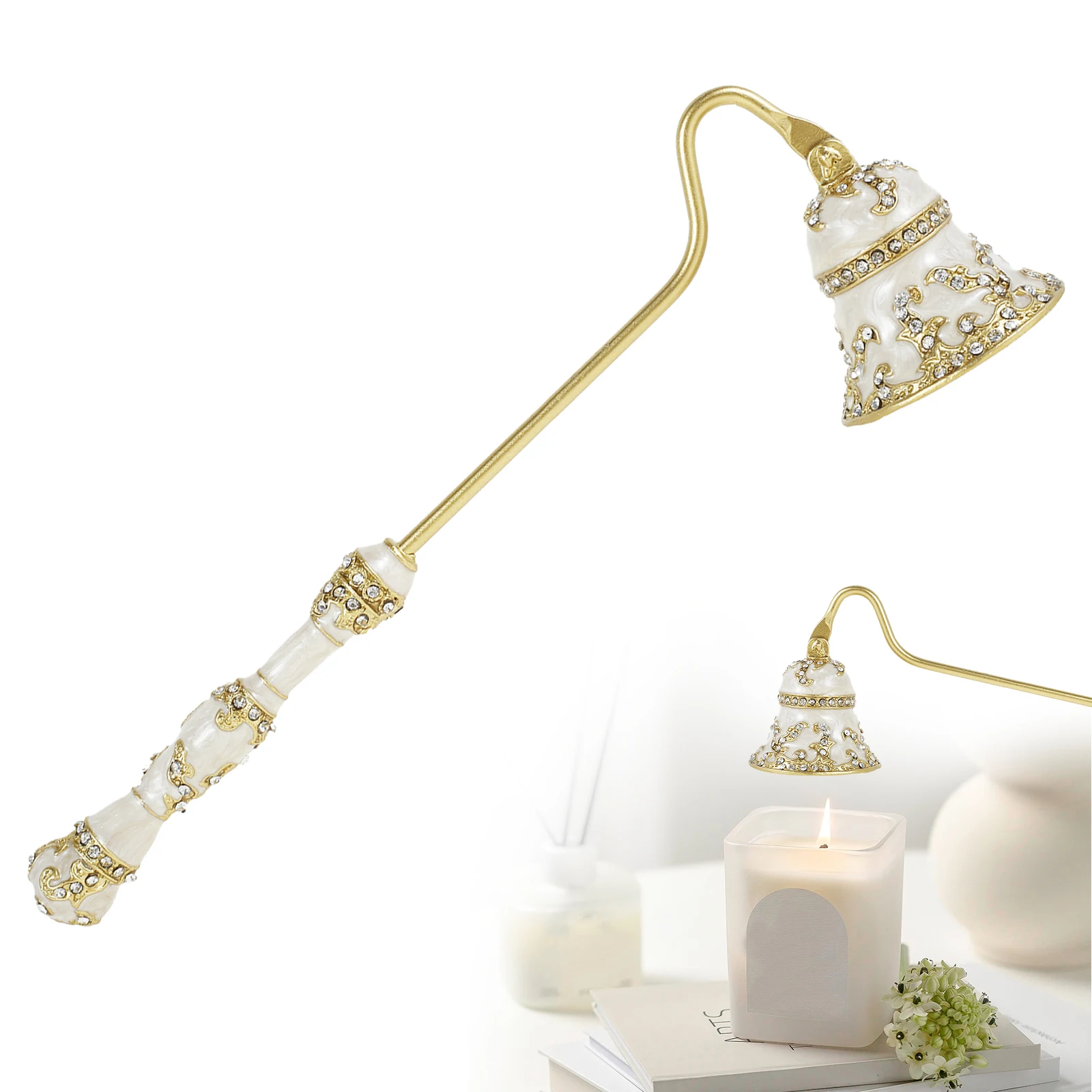 Metal Candle Snuffer With Rotatable Handle Vintage Flower Shape Candle Extinguisher Easy to Use Faux Crystal Decorative Wick