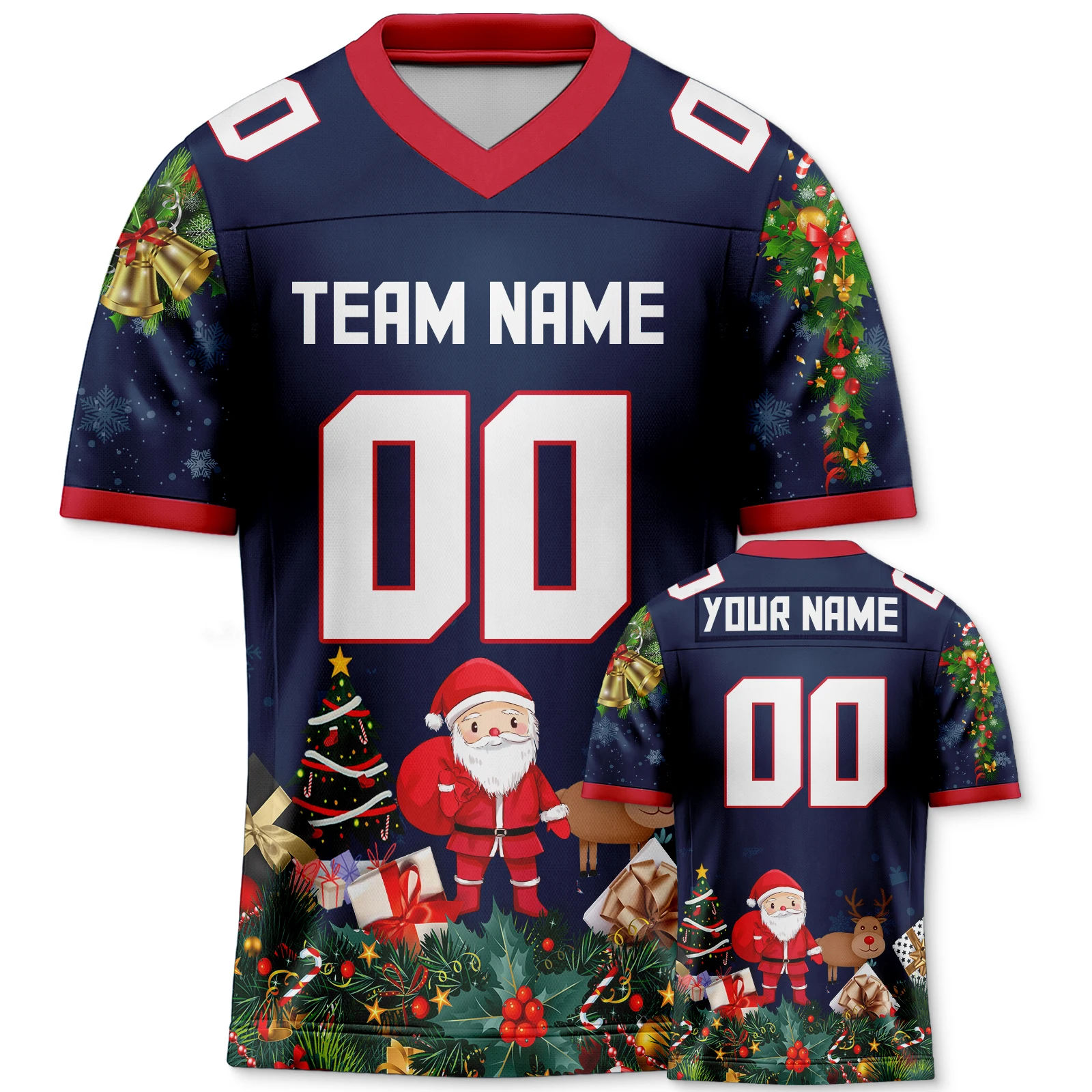 Custom Christmas Football Shirt with Printed Team Name Number Navy-Red American Football Jersey for Men Women Youth Kids Gift