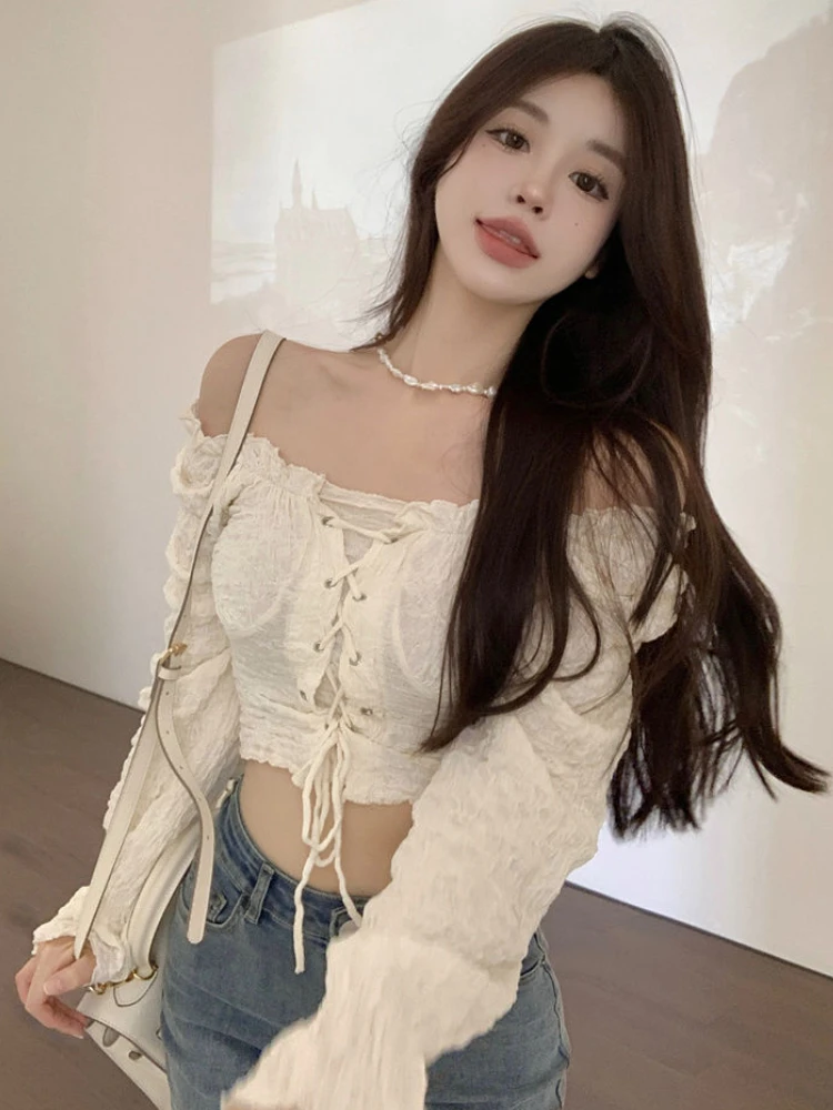 Blouses Women Slash Neck Daily Designer Vintage Fashion Students Sexy Elegant Bandage Comfortable Korean Style Slim Solid Simple