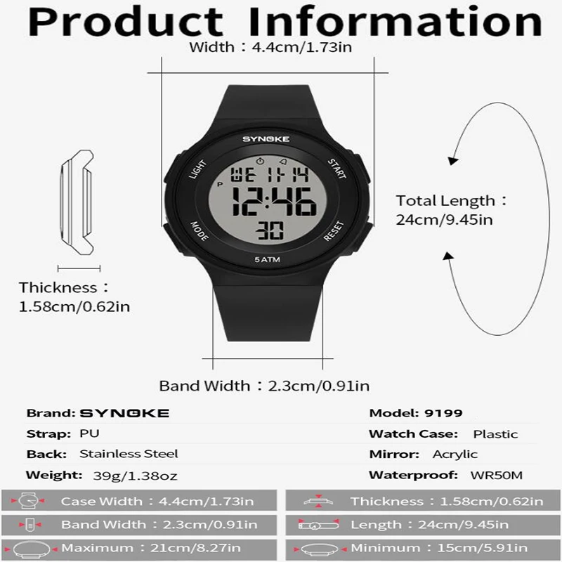 Synoke Women Sport Watches LED Digital Calendar Stopwatch Clock 5 Bar Waterproof