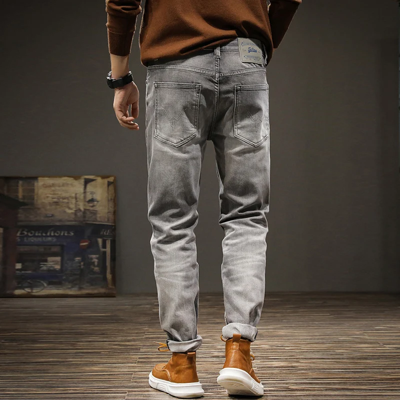 Newly Vintage Fashion Men Jeans High Quality Retro Gray Elastic Slim Fit Ripped Jeans Men Stretch Casual Designer Pants Hombre