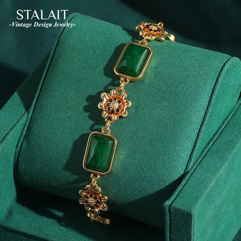 

Vintage Charms Flower Bracelet Luxury Gold Color Sunflower Green Emerald Natural Stone Square Wedding Bridal Accessories Women