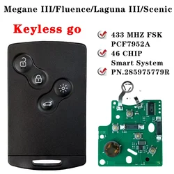 For 2009 - 2015 Renault Megane III Fluence Laguna III Scenic 2010 Hands Free Keyless Smart Card Car Key 433MHz PCF7952A