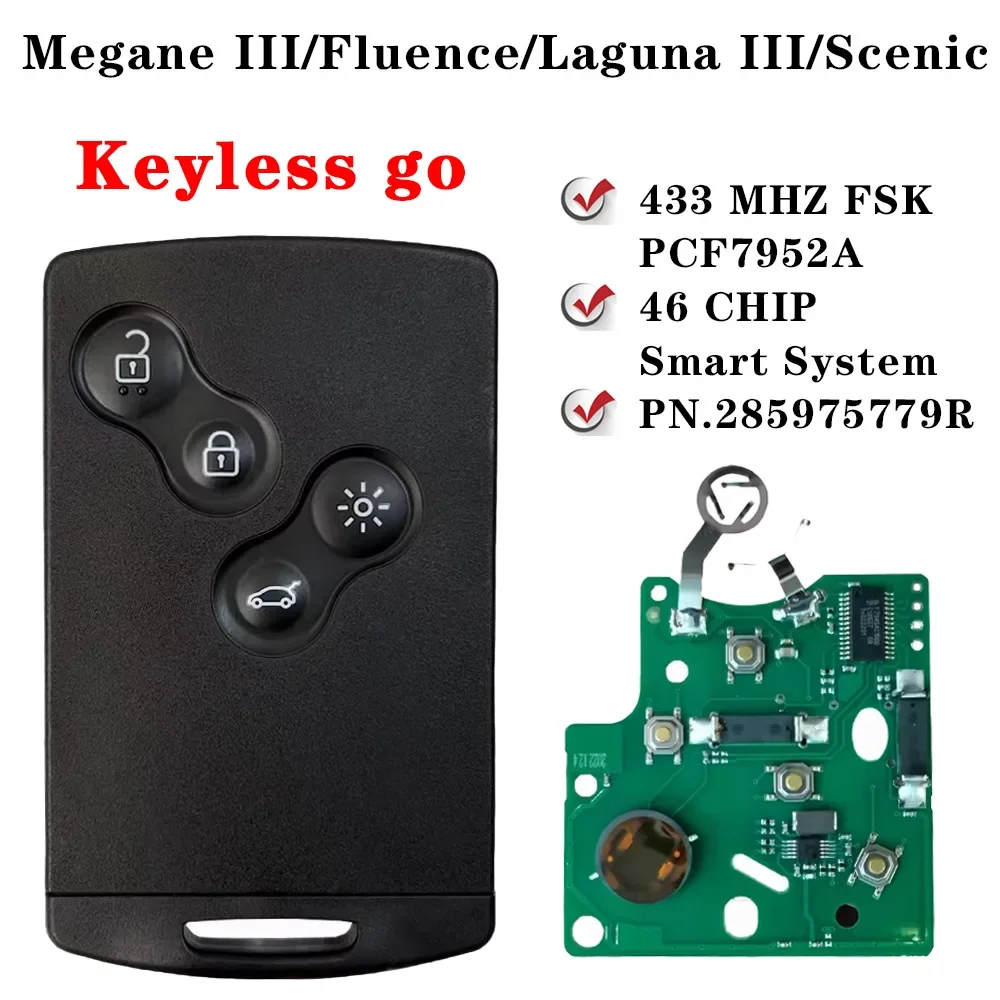 For 2009 - 2015 Renault Megane III Fluence Laguna III Scenic 2010 Hands Free Keyless Smart Card Car Key 433MHz PCF7952A