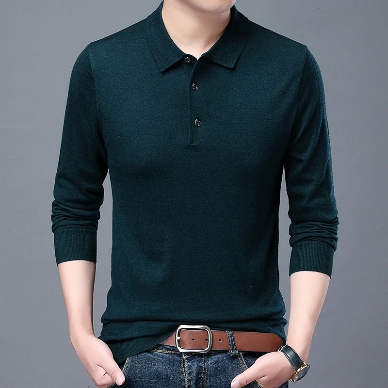 2023 Classic High Quality Men\'s Autumn Long Sleeve Wool Blended Solid Color Lapel Polo Pullover Sweater, Casual Basement Shirt