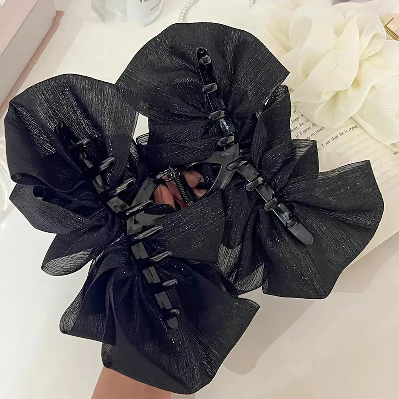 Large Black White Mesh Hair Clip Female Korean Sweet Cloud Pleated Shark Clip Hair Accessories