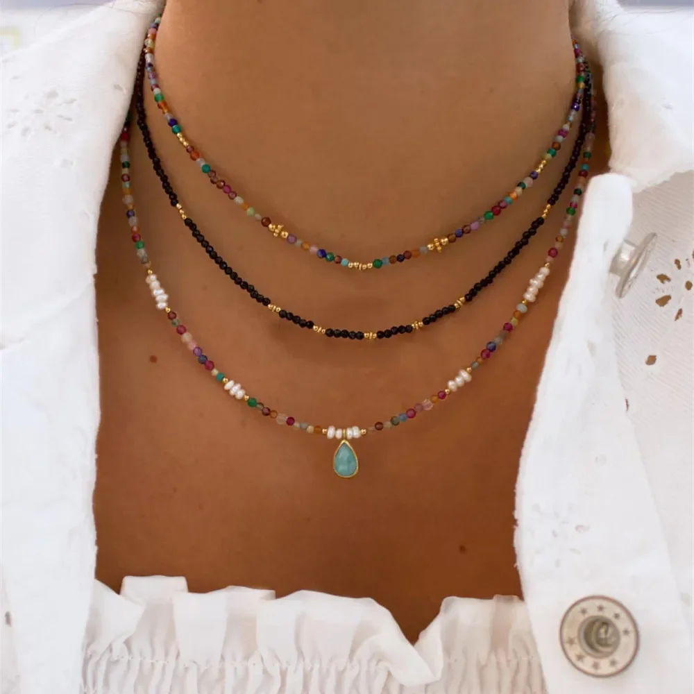 2023 Fashion Multilayer Boho Colorful Bead Chain Necklace For Women Female Crystal Water Drop Metal Letter Pendant Jewelry Gift