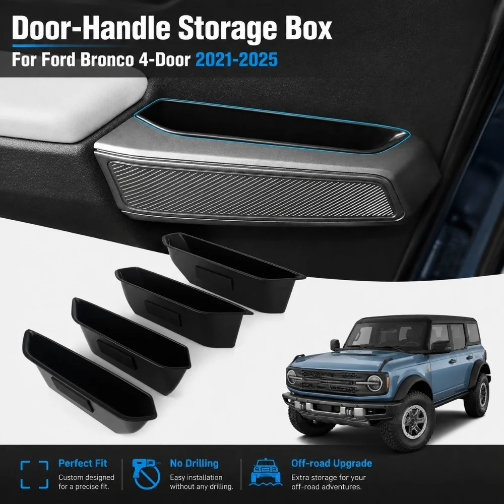 For Ford Bronco 4‑Door 2021 2022 2023 2024 2025 4PCS Door Handle Storage Box Side Armrest Organizer Tray Interior Car Accessorie