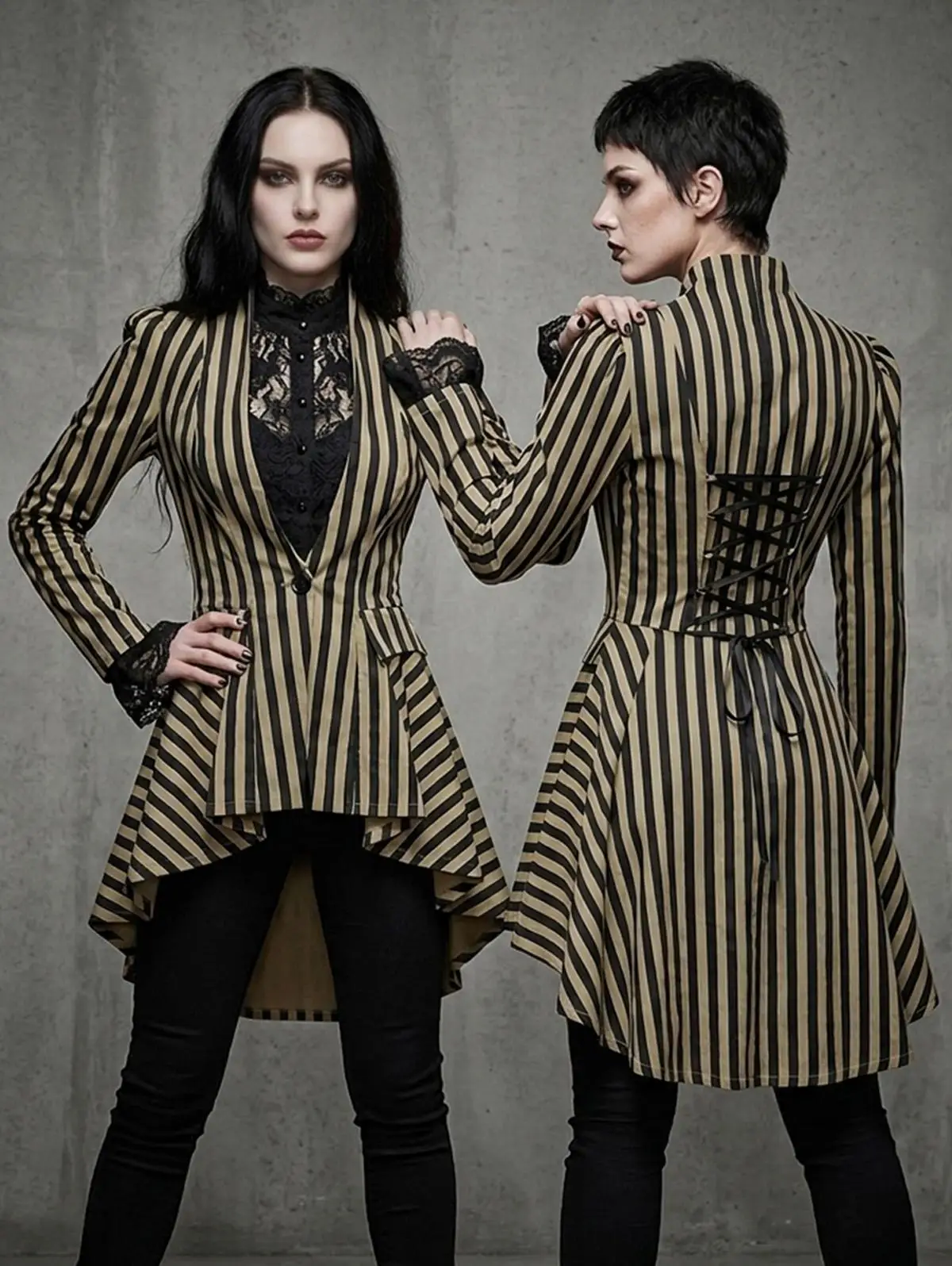 Gothic Striped Printed Coats For Women Back Lace Up Ruffles Asymmetric Long Sleeve Suit Pattern Coat 100% Cotto Outwear