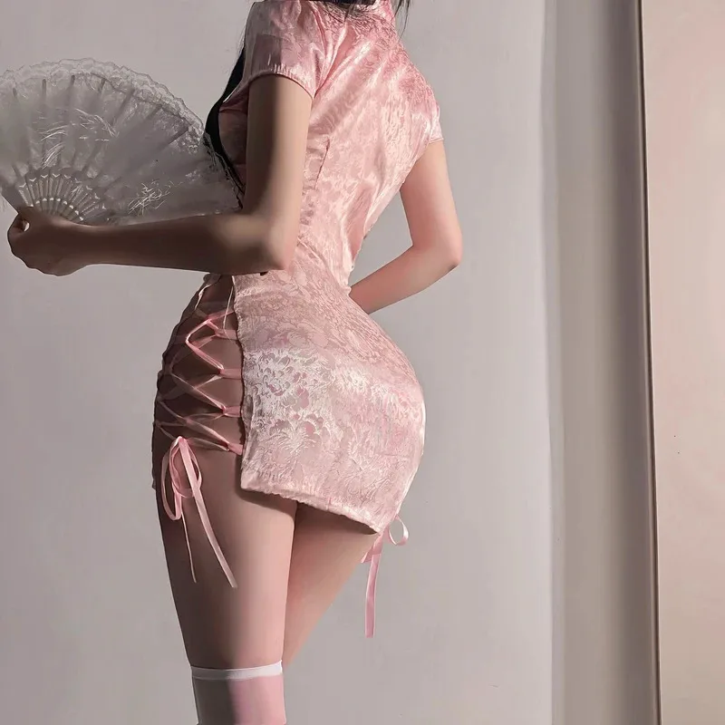 

Sexy Pink Chinese Qipao Cheongsam Lingerie Oriental Seductive Costume Cosplay Party Outfit Private Performance Hot Bodysuit