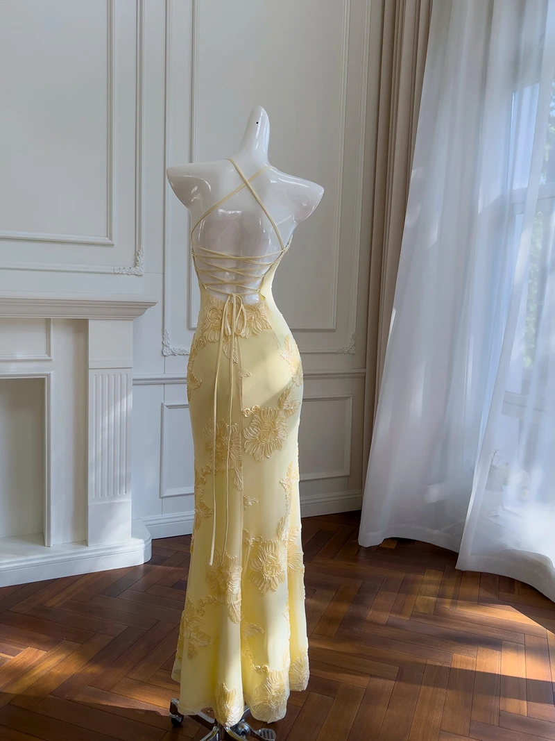 Ele Yellow Strapl Sexy Bal Slimming High-End Sensation Vaion Dr Chic Aosphere Luxury Dr Long A-Line Skirt