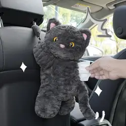 Cartoon Black Cat Plush Car Tissue Holder Hangable Auto Mounted Napkin Holder 2 In 1 Car Tissue Box And Trash Can Organizer