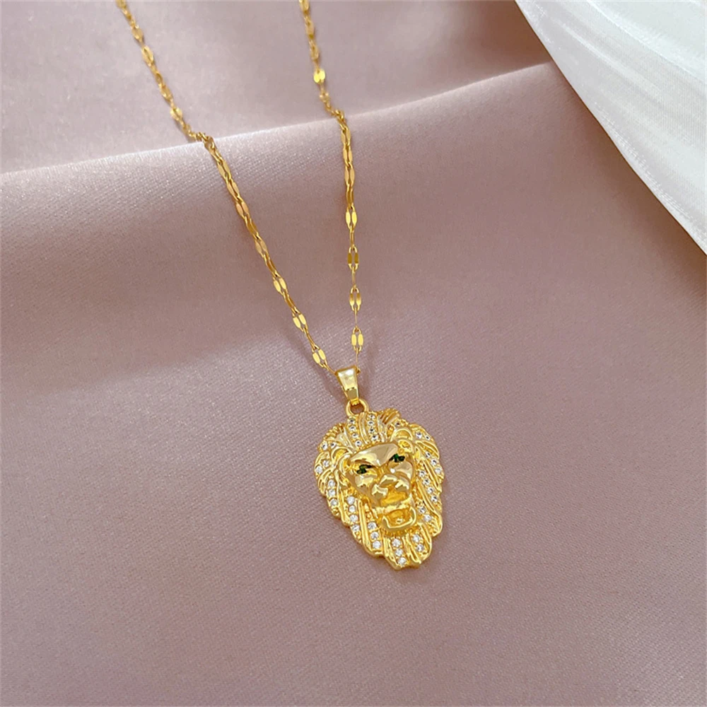 Hip Hop Animal Lion Head Gold Color Domineering Zircon Pendant Necklace For Men Trend Hippie Jewelry Luxury Bijoux Femme