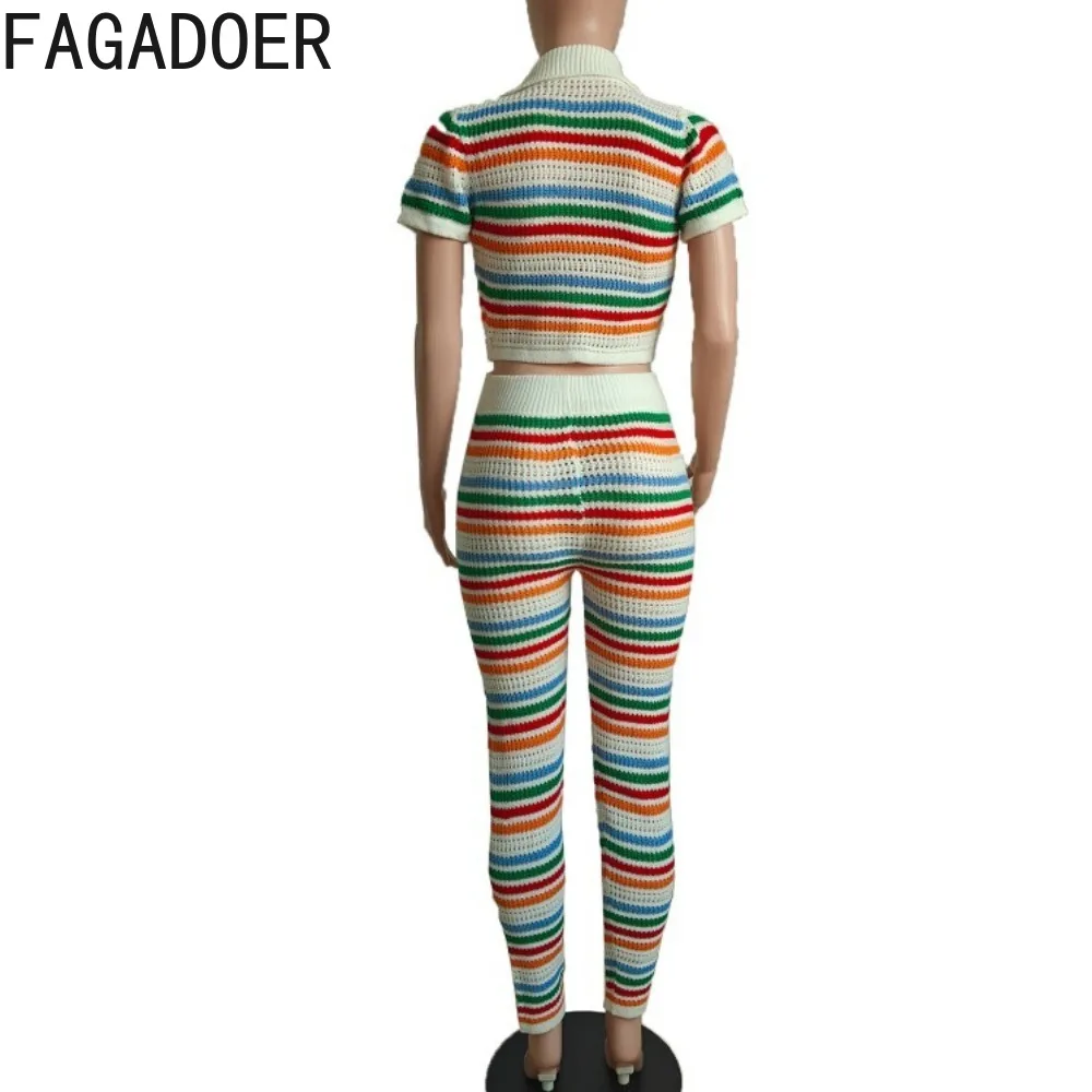 FAGADOER Fashion Color Stripes Knitting Two Piece Sets Women V Neck Short Sleeve Crop Top And Pants Outfits Female Streetwear