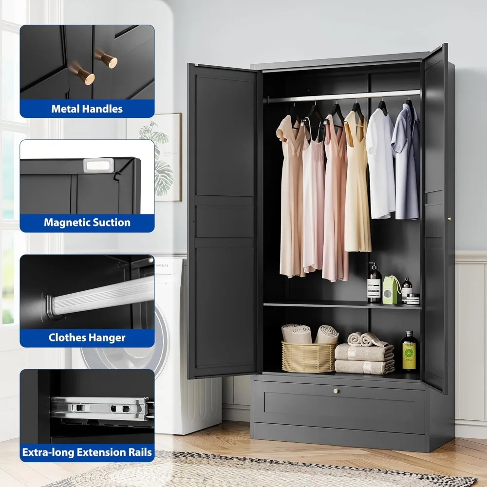 خزانة ملابس من Armoir، بابين، 72 بوصة، أدراج خزانة معلقة، خزانة معدنية، غلاف قابل للتعديل #5