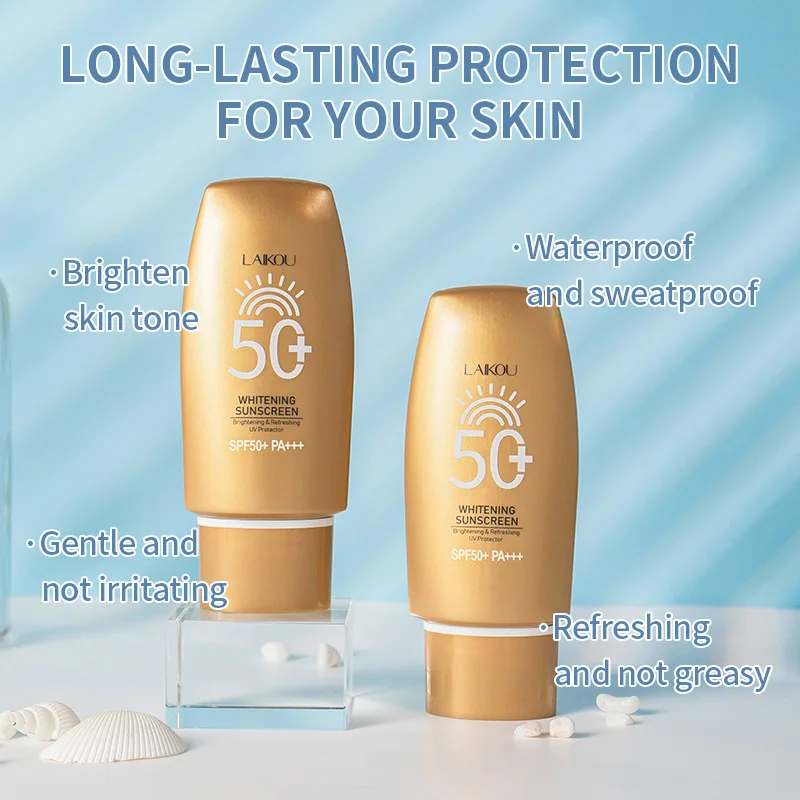 Laikou ครีมกันแดดไวท์เทนนิ่ง SPF50 + ป้องกันรังสียูวีครีมกันแดดที่หน้าจอให้ความชุ่มชื้นสดใสร่างกายต้นขาแขนร่างกายดูแลผิว