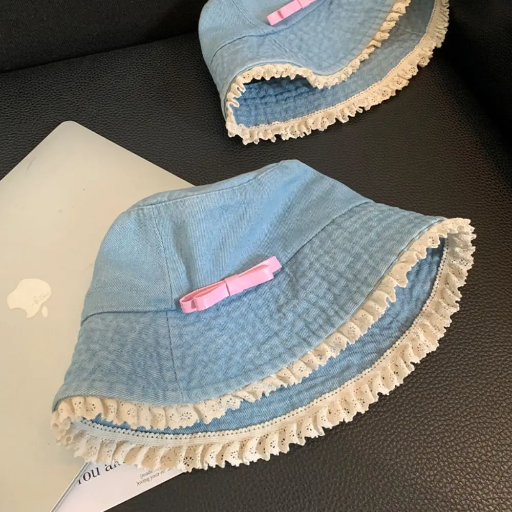 

Sweet Big Brimmed Denim Bucket Hat Y2K Sunscreen Lace Fisherman Hat Korean Style Visor Bow Sunscreen Hat Women