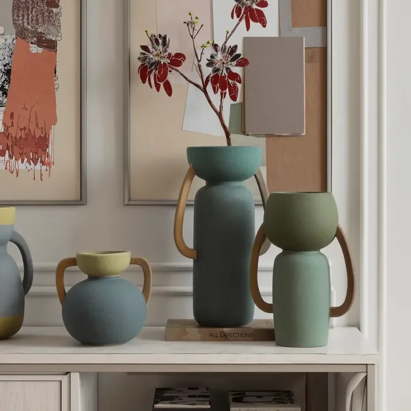 Flolenco Vintage Morandi Colors Durable Ears Ceramic Vase Small Decorative Tabletop Vase with Handle for Flower Home Art