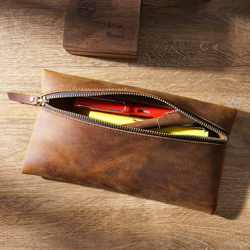 Handmade retro zippered leather pencil case with large capacity stationery box storage bag, creative handheld wallet, mobile pho