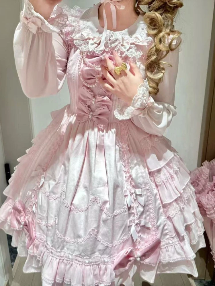 

Kawaii Sweet Pink Bow Loose T-Shirts Women Design Lovely Lace Pretty Doll Collar Chiffon Shirt Female Casual Lolita Cute Clothes