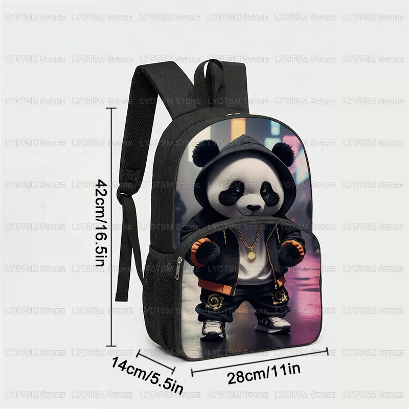 16 Inch Cute Hip‑hop Panda Kids Backpack Cool Motorcycle Panda Children School Bag Casual Travel Daypack Gift For Boys Girls