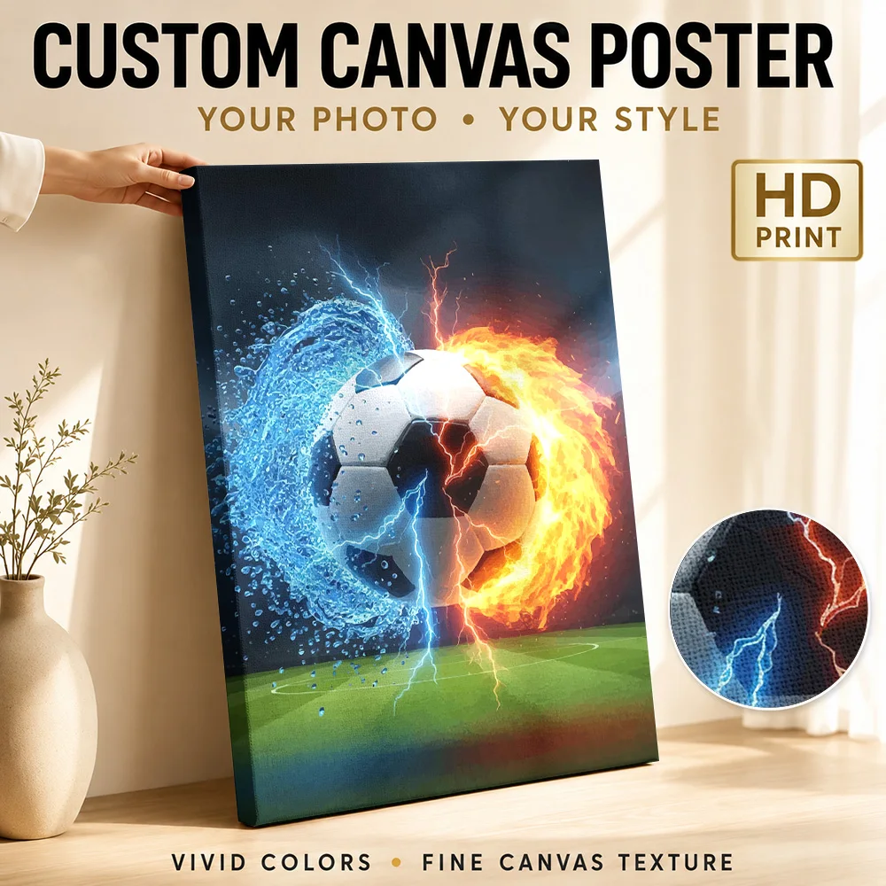 Soccer Ball Fire And Water Canvas Poster Modern Style Canvas Wall Art With Customized Photo For Home Gym Ideal Supporter Gift