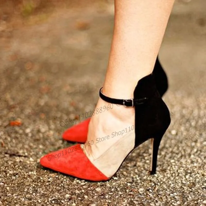 Mixed Color Patchwork Flock Side Empty Pumps Thin High Heel Women Shoes Ankle Buckle Strap Pointed Toe 2023 Zapatos Para Mujere