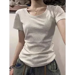 Summer Pure Cotton Short Sleeve T-Shirt Regular Fit Basic Color Slimming Versatile round Neck Top Women's Commute Style