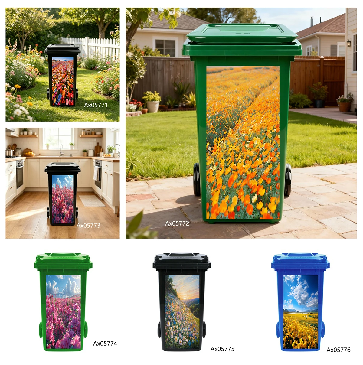 Waterproof Removable Spring Tulip Blue Wildflower Field Scenery Wheelie Bin Sticker For Outdoor Garden Trash Bin Decoration