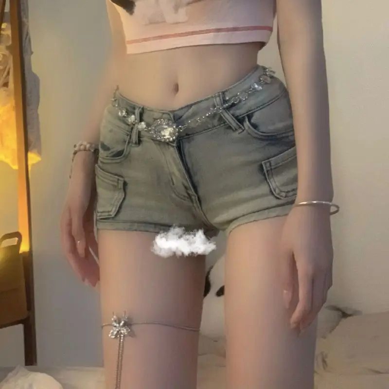 American Hot Girl Retro Shorts jeans de cintura baixa para mulheres calças justas de pernas largas