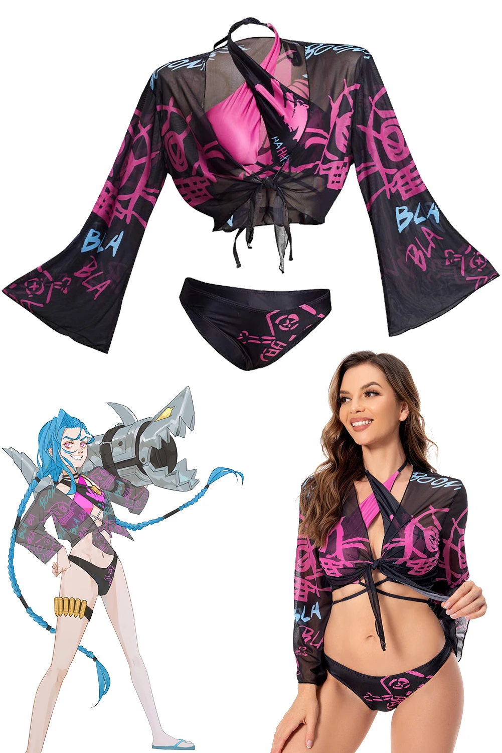 Jinx-Costume de Cosplay du Jeu Animé LoL pour Femme Maillot de Bain, Tenue de ixd'Halloween, Vêtements à la Mode