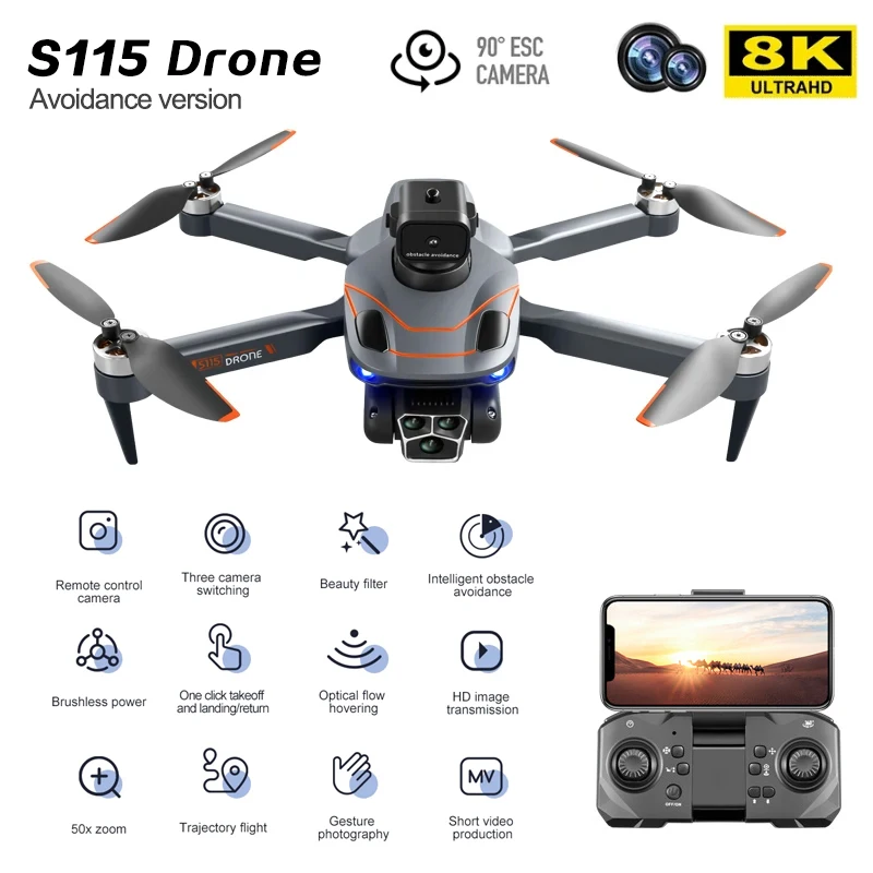 New S115 Drone 8K HD Dual Lens Optical Flow Hover Photography RC Aircraft Brushless Motor Foldable Mini Quadcopter Boy Toy Gifts