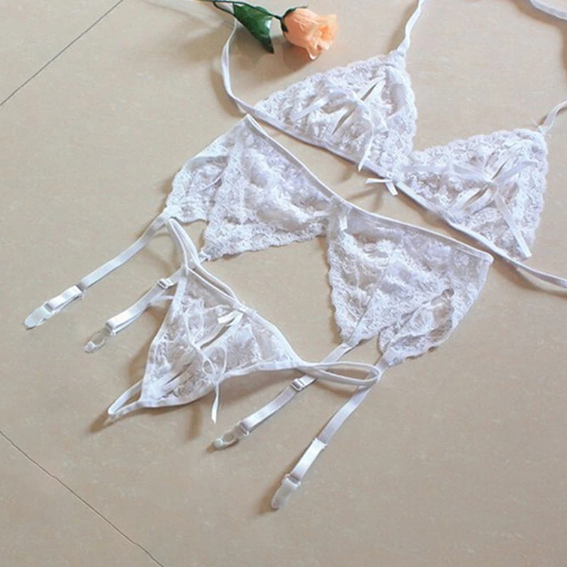 1 Set Women's Lace Lingerie, Sling Open Push Up Bra, Garter Panties & Transparent Net Stockings Intimate Wear For Ladies - Image 4
