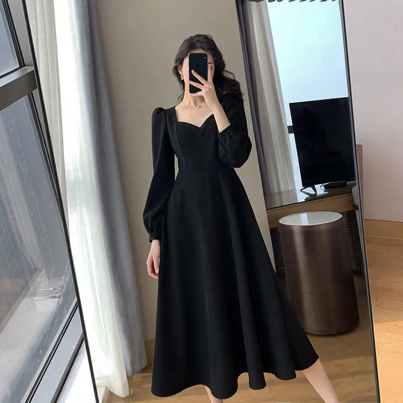 Black Dress Women\'s Autumn New Black Long Sleeve Dress Hepburn Style V-neck Ankle-length Retro Korean Style Long Black Dress